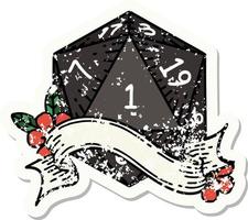 grunge sticker of a natural one d20 dice roll vector