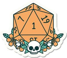 sticker of a natural one dice roll with floral elements vector