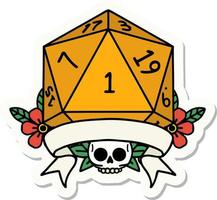 sticker of a natural one d20 dice roll vector