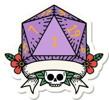 sticker of a natural one d20 dice roll vector