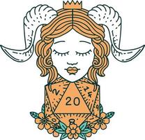 Retro Tattoo Style tiefling with natural twenty d20 dice roll vector