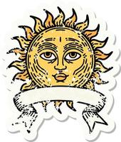 worn old sticker with banner of a sun with face vector