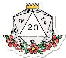 grunge sticker of a natural 20 D20 dice roll with floral elements vector