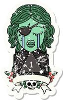 grunge sticker of a crying orc rogue character with natural one roll vector