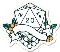 sticker of a natural twenty D20 dice roll vector