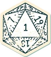 Retro Tattoo Style natural 1 D20 dice roll vector