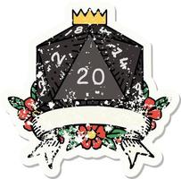 grunge sticker of a natural 20 critical hit D20 dice roll vector