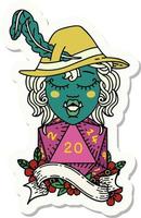 sticker of a singing half orc bard with natural twenty dice roll vector