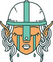 Retro Tattoo Style crying elven fighter character face vector