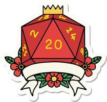 sticker of a natural 20 critical hit D20 dice roll vector