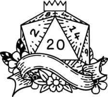 Black and White Tattoo linework Style natural twenty D20 dice roll vector