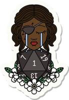 sticker of a crying human rogue with natural one d20 roll vector