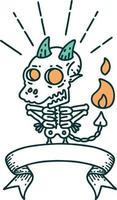 scroll banner with tattoo style skeleton demon character vector