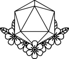 Black and White Tattoo linework Style natural 20 D20 dice roll with floral elements vector