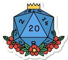 sticker of a natural 20 D20 dice roll with floral elements vector
