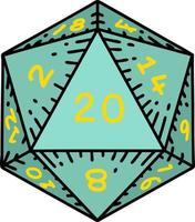 Retro Tattoo Style natural 20 D20 dice roll vector