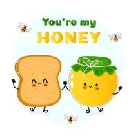 Cute happy toast and honey card. Vector hand drawn doodle style cartoon character illustration icon design. Happy bread and honey friends concept card