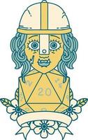 Retro Tattoo Style half orc fighter with natural twenty dice roll vector