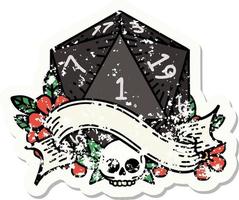 grunge sticker of a natural one d20 dice roll vector