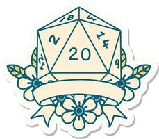 sticker of a natural 20 critical hit D20 dice roll vector