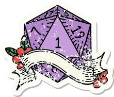 grunge sticker of a natural one d20 dice roll vector