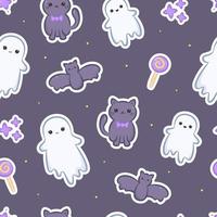 patrón impecable con pegatinas fantasmas, murciélagos, gatos, piruletas y estrellas. linda impresión kawaii de halloween para diseño, fondo, papel de regalo y diseño web. ilustración vectorial vector