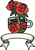 traditional tattoo with banner of a cup and flowers vector