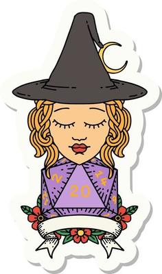 sticker of a human witch with natural twenty dice roll
