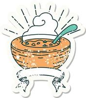 worn old sticker of a tattoo style bowl of soup vector