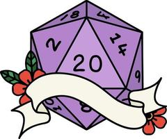 Retro Tattoo Style natural twenty D20 dice roll vector