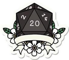 sticker of a natural 20 critical hit D20 dice roll vector