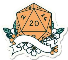 sticker of a natural twenty D20 dice roll vector