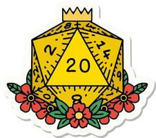 sticker of a natural 20 D20 dice roll with floral elements vector