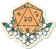 Retro Tattoo Style natural 20 D20 dice roll with floral elements vector