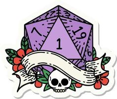 sticker of a natural one d20 dice roll vector