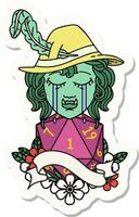 sticker of a crying orc bard character with natural one D20 roll vector