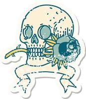 worn old sticker with banner of a skull and rose vector