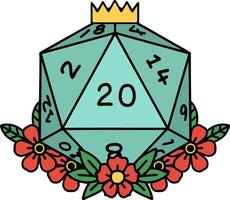 Retro Tattoo Style natural 20 D20 dice roll with floral elements vector