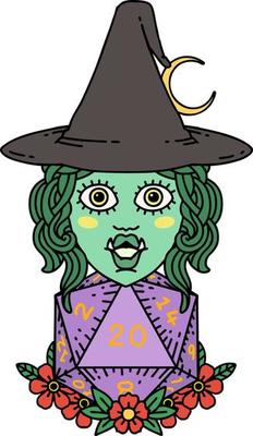 Retro Tattoo Style half orc witch with natural twenty dice roll