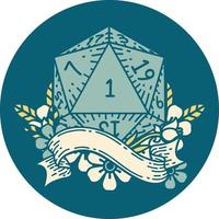 Retro Tattoo Style natural one d20 dice roll vector