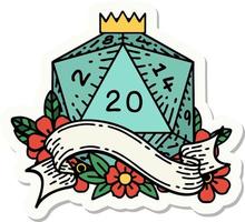 sticker of a natural twenty D20 dice roll vector