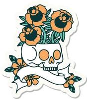 tattoo style sticker with banner of a skull and roses vector