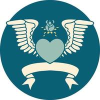 tattoo style icon with banner of a heart with wings vector