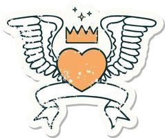 worn old sticker with banner of a heart with wings vector