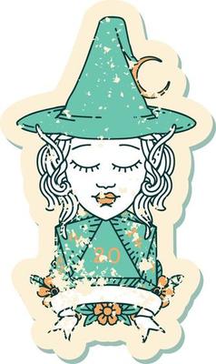 Retro Tattoo Style elf mage character with natural twenty dice roll