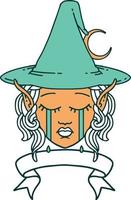 Retro Tattoo Style crying elf mage character face wiht banner vector