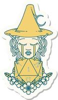 sticker of a crying elf witch with natural one D20 roll vector