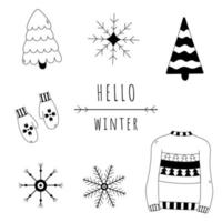hola conjunto aislado de garabatos de invierno. copos de nieve dibujados a mano, árboles de navidad, suéter, mitones. ilustración de contorno de vector de invierno