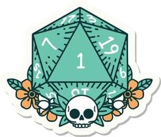 sticker of a natural one dice roll with floral elements vector