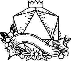 Black and White Tattoo linework Style natural twenty D20 dice roll vector